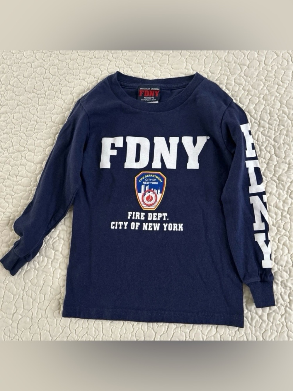 FDNY Kids Long Sleeve Screen Print T-Shirt Navy White NYFD Tee Boys XS